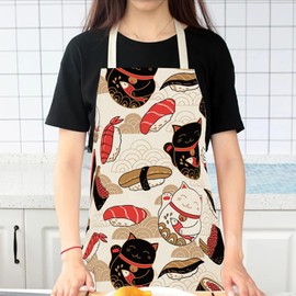 Vonloge Cute Cat Apron for Women Men Chef Funny Apron Cotton Linen Aprons for Kitchen Cooking Baking Painting Gardening