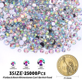 Duflash 25000 Pcs Crystal AB Resin Rhinestone, 3 mm 4 mm 5 mm Jelly Resin Non Hotfix Rhinestones for Crafts DIY Design, Tumblers, Clothes, Makeup, Nail Art