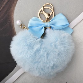Blue Heart Fluffy Keyring Pearl Bow Pompom Keychain for Women Girls Bag Charms for Womens Handbags Faux Fur Pom Pom Keyring for Car Keys Heart Pompom Keychain for Phone Handbag Accessories for Women