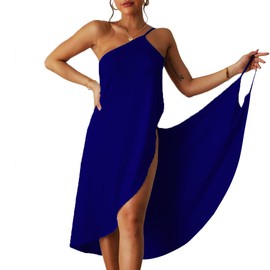 XIWCAFC Women's Beach Dress Summer Beach Cover Up Long Beachwear Slip V Neck Cover Ups Loose Casual Sarong for Swim Bathing Suit (UK, Numeric, 4, Regular, Regular, Navy blue)