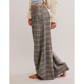 Kedera Women Vintage Tartan Plaid Print Wide Leg Pants High Waisted Baggy Trousers Casual Business Work Slacks Brown