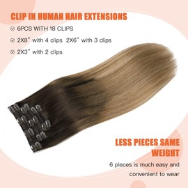 XDhair Clip in Hair Extensions Real Human Hair 100g 6pcs 16inch Ombre Natural Black to Dark Brown Mix Blonde Balayage Clip in Hair Extensions For Fashion Women (C#1B/4/27-16Inch)