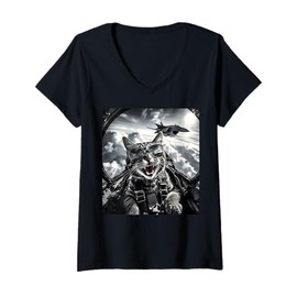 Womens Cat Selfie Jet Plane Funny Cat Gifts for Men Women Children V-Neck T-Shirt