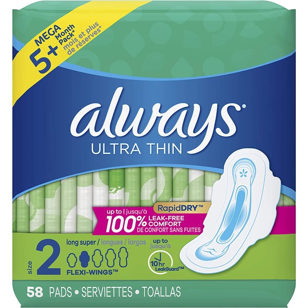 Always Ultra Thin Pads Size 2 Super Long Absorbency Unscented with Wings, 58 Count, Packaging may vary