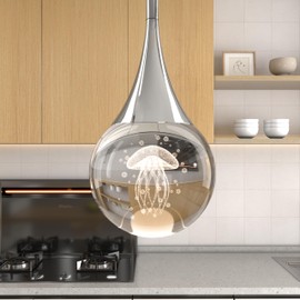 EANLOLY 1-Pendant Lights Kitchen Island, Chrome Silver Crystal Globe Ceiling Hanging Light Fxitures, LED Lamp Metal Rod Ceiling Jellyfish Pendant Lighting for Kitchen Dining Room Bar