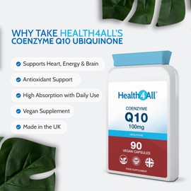 Health4All CoQ10 100mg per Capsule, 90 Capsules 3 Months Supply, Pure Grade CoEnzyme Q10 Ubiquinone Supplement for Heart, Energy & Brain, Vegan CoQ10 Supplement | Made in UK