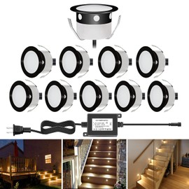 QACA 10pcs Recessed LED Deck Lighting Kits 12V Low Voltage Φ30mm Waterproof IP 67,LED In Ground Lighting with Black Border for Steps,Stair,Patio,Floor,Pool Deck ,Kitchen,Outdoor LED Landscape Lighting Warm White