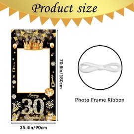 POPOYU 30th Birthday Decorations,Black Gold Birthday Banner Party Photo Booth Props,Giant Fabric 30th Birthday Party Photo Booth Frame,Funny Large Selfie Frame for Men Women Birthday Party Supplies