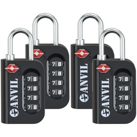 ANVIL TSA Approved Luggage Lock - 4 Digit Combination, 10,000 Combinations, Easy-Read Password Window, Travel Lock for Suitcases, Backpacks, Gym & Student Lockers, Baggage (Black 4 Pack)