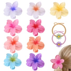 9PCS Hawaiian Hair Clips for Women - Flower Claw Clips for Thick Hair Accessories with 2PCS Strong Cute hair Tires clips for Wedding, Party, Vacation, Beach Decoration
