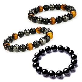 2 Stück 8/10MM Tigerauge Armband 1 Stück 8MM Obsidian Armband mit dreifachem Schutz Unique Chakra Buddha Schwarzer Turmalin Stein Armbänder Stretch Energiearmband Unisex für Freunde Ehemann Vater