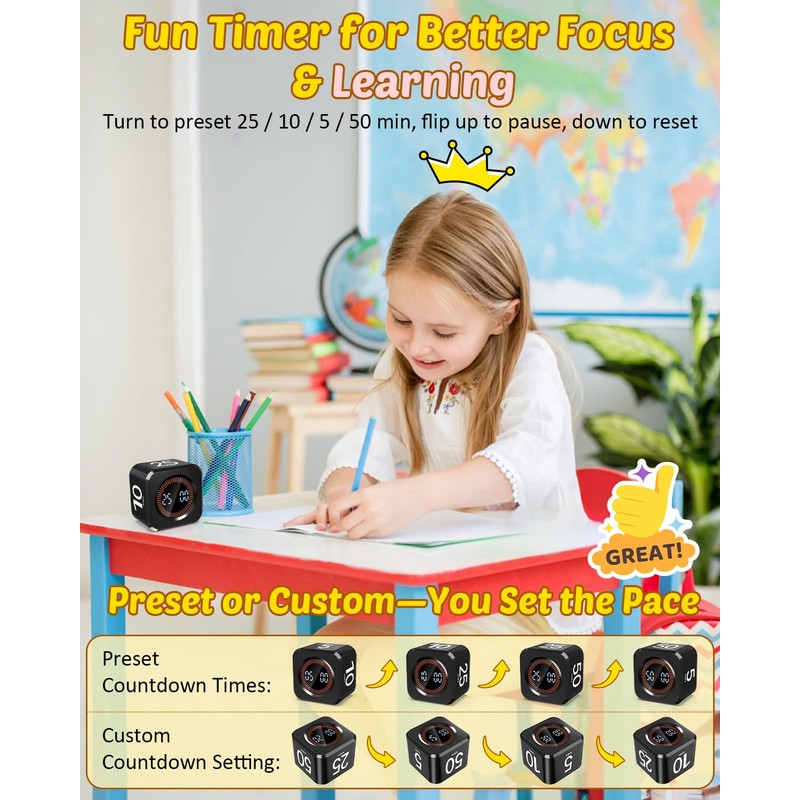 Pomodoro Timer Cube Visual Productivity Flip Timer for Kids Classroom