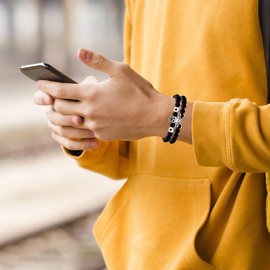 JunyiDIY 2-Piece Set White Skull Bracelet Set - Unisex 8mm Black Matte Agate Zircon Elastic Bracelet Birthday and Party Gift