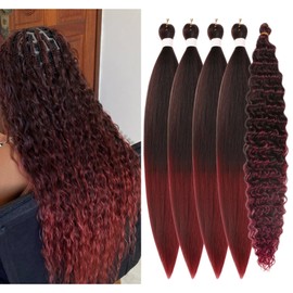 Ombre Black Burgundy Braiding Hair Pre Stretched Boho Hair for Braiding Bohemian Curly Deep Wave Braids Prestretched Ez Braid Twist Non Toxic Itch Free