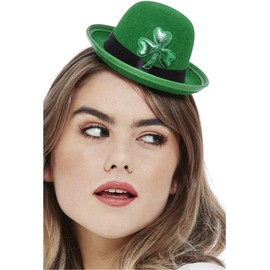 Smiffys Paddy's Day Mini Bowler Hat, Felt with Shamrock Motif, on Headband, St Patricks' Day Fancy Dress, Adult Dress Up Hats