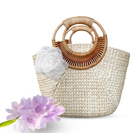 Rattan Bags for Women, Water Hyacinth Handbag - Handmade with a Rattan Handle & Beige Flower, a Unique Light Tone Bag for Boho - Vintage Style or Summer Travel,Vacations 2025 (Rattan Cheek)