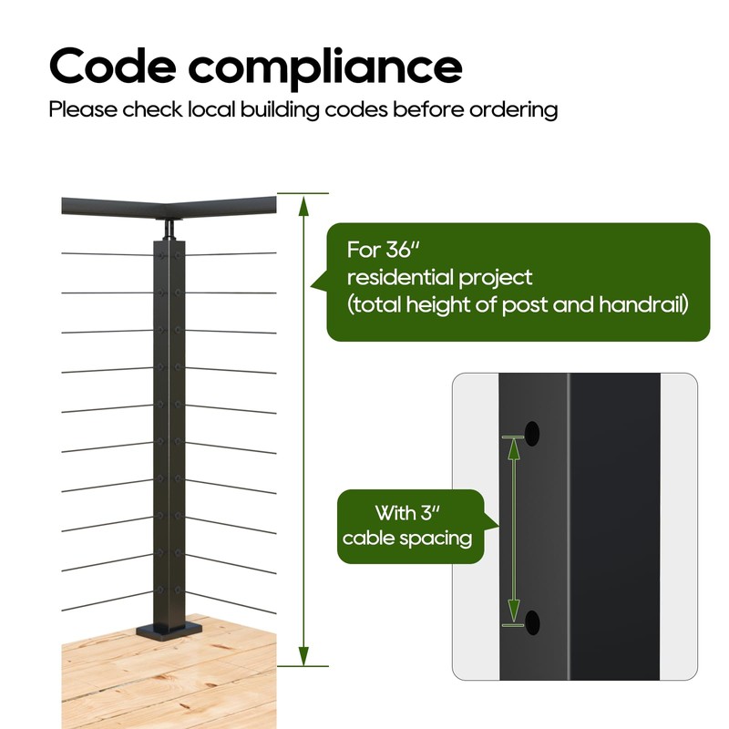 Corner Cable Railing Post 36" (35"x2"x2"), T-drilled Three Sides Corner
