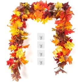 KASZOO 2 Pack Artificial Fall Maple Leaf Garland,5.8 Ft/Pack Autumn Hanging Garland Autumn Foliage Garland for Thanksgiving Dinner Party Fireplace Christmas Home Decor