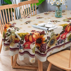 Virtumob Fall Thanksgiving Double Border Decoration Tablecloth, Sunflower & Pumpkin Harvest Tablecloths, Waterproof Table Cover for Dinner Kitchen Party Holiday Decorations, Oval 54 x 72