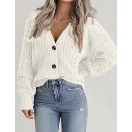 Zeagoo Women's 2024 Fall Chunky Knit Cardigans Open Front Long Sleeve V Neck Button Loose Cardigan Sweaters White