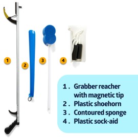Medline Economy Hip Kit, Mobility Aids Ideal for Hip Surgery Recovery, 4-Pieces, 32" Grabber Reacher, Shoehorn, Sock-Aid, and Contoured Bath Sponge