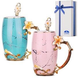 BTaT- Floral Ceramic Mugs with Spoon, Set of 2, Pink and Blue, Fancy Coffee Mugs with Spoon, Christmas Gifts