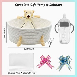 Daily Treasures Bear Empty Woven Basket -Hamper Baskets with Cellophane Bag,Pull Bows & Cards,Cute Cotton Rope Storage Organizer,Birthday Presents,(30x21CM,White Cotton Rope)