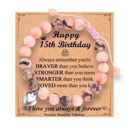 EPVID 15th Birthday Gifts for Girls, Pink Zebra Stone Birthday Bracelet, Ideal Jewellery Presents for Age 15 Girl Daughter Granddaughter Niece