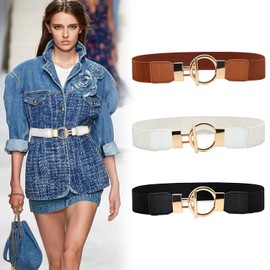 3 Pieces Womens Vintage Elastic Belt,Metal Interlock Buckle Wide Waist Belt Elastic Strechy Retro Cinch Belt ladies belts for Dresses,Elasticated Belt for Women