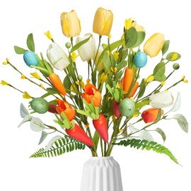 MHMJON Easter Picks 6 Pcs Artificial Berry Picks with Eggs Tulips and Carrots Spring Flowers Picks and Sprays for Home Table Vase Celebration Spring Centerpieces Decor (19.6 in)