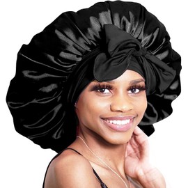 Gorro de Dormir de Seda para El Cabello Largo Bonnet Ajustable para Mujer, Banda Elástica Gorro para Dormir Cabello Scrunchies Maquillaje Diadema Pelo Rizado Gorra de Noche (Negro)