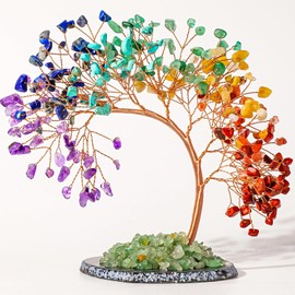 Runyangshi Natural Crystal Seven Chakras Agate Slice Tree of Life Natural Crystal Healing Stones Gemstone Trees Fengshui Good Luck Positive Energy Home Decor