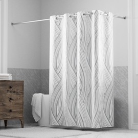 Hookless It's A Snap! Faux Silk Shower Curtain, 3-in-1 Curtain Includes Fabric Shower Curtain with Flex-On Rings & Fabric Liner with Magnets, 71" x 74", Waves Print, Silver