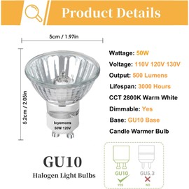 Ivyemons GU10+C 120V 50W Bulb - High Output 500LM GU10 Dimmable Bulb, MR16 GU 10 Base Bulbs Warm White GU 10 Halogen 50W Bulbs, Long Lasting 50 Watt MR16 for Candle Warmer, Track Lighting