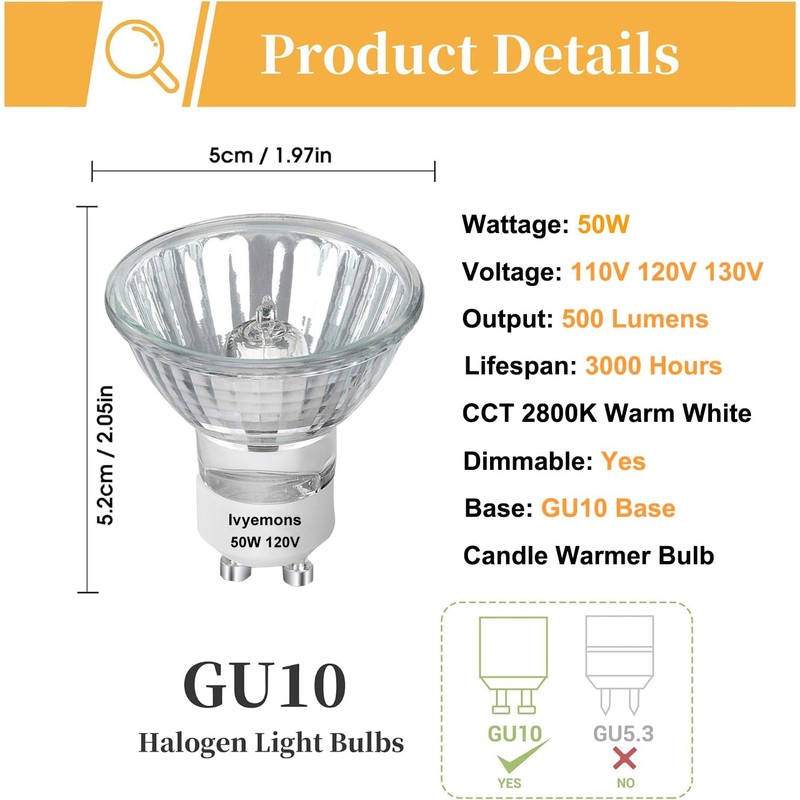 Ivyemons GU10+C 120V 50W Bulb - High Output 500LM GU10