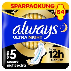 Always Ultra Secure Night Sanitary Towels (Size 5) with Wings Pack of 64, Super Absorbent and Ultra Thin, for the Period