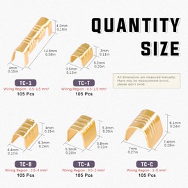 Swpeet 525Pcs Gold TC-1 TC-A TC-B TC-C TC-T Non-Insulated U Shape Wire Crimp Copper Terminal Connerctor Kit, Ring Lugs Crimp Cable Terminal for Crimp Solid Wires or Stranded Wires