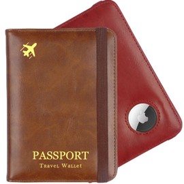 2 Pack Airtag Passport Holder,Passport Wallet with RFID Airtag Slot for Women Men, Family Leather Passport Cover Protector Anti-Lost Travel Essentials (Brown+Red)