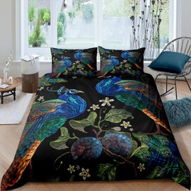 Loussiesd Chinese Style Bedding Set Watercolor Peacock Printed Duvet Cover Set for Kids Adults Boho Feather Comforter Cover Botanical Leaves Branches Quilt Cover Bedroom Collection 2Pcs Single Size