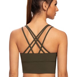 AGONVIN Women's Longline Strappy Padded Medium Support Training Top Sports Bra, olive green