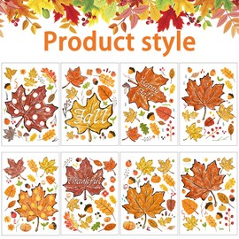 YUJUN 8 Sheets Thanksgiving Fall Window Clings, Maple Leaves Pine Cones Oil Painting Window Decals Stickers for Autumn Glass Home Decor and Thanksgiving Fall Window Decoration