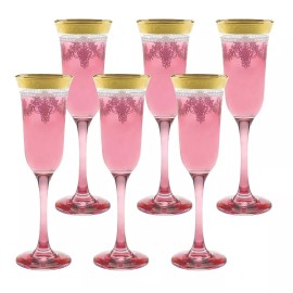 World Faith Elegant Modern Glass Made Drinkware - 9 oz. Red Flutes, Set of 6, Gold Band