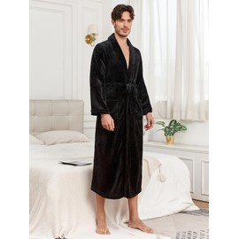 RONGTAI Mens Plush Long Robe Soft and Warm Full Length Bathrobe (Black, XL)