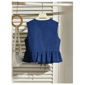 SHENHE Women's Y2k Tie Front Denim Vest V Neck Ruffle Hem Sleeveless Peplum Jean Top Shirt Dark Wash Blue Small