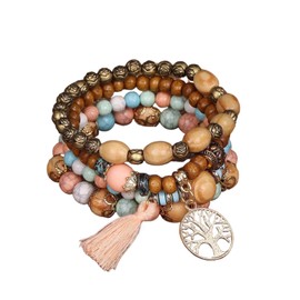 XQMMGO Boho Bracelets Wooden Beads Tassel Bracelet, Chakra Bracelet for Women, Crystal Bead for Women, Tree of Life Charm Statement Bangles (White), Alloy, wooden beads