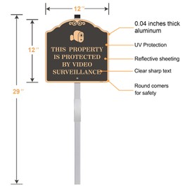 Doninex Large (2 Pack) 12X12 Inch Video Surveillance Yard Sign, Reflective, Aluminum, Metal, Weatherproof Up to 7 Years Outdoor, Includes Stakes for Easy Mounting