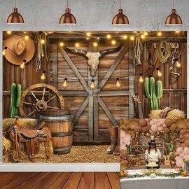 Western Cowboy Party Decoration Backdrop 2.4x1.8m Wild West Rustic Wooden House Barn Photography Background for Western Cowboy Theme Baby Shower Birthday Party Supplies