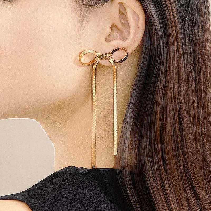 ecozran Gold Bow Earrings for Women, Long Tassel Chain Drop