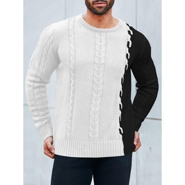 Makkrom Mens Casual Pullover Sweater Winter Color Block Ribbed Knitted Twist Patterned Long Sleeve Sweaters White