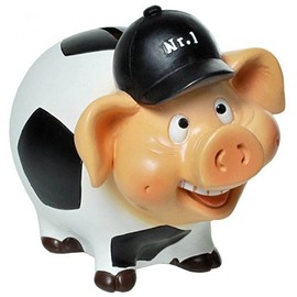 Piggy bank, money box, piggy bank "football pig" with lock made of polyresin